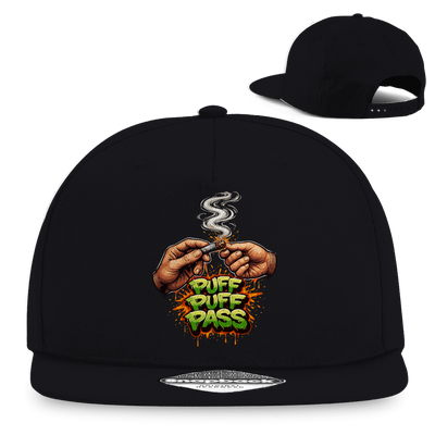 Schwarze Snapback Rapper Cap Puff Puff Pass von Division420 mit flachem Schirm und retro Snapback-Verschluss