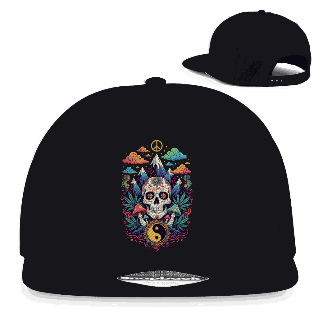 Schwarze Snapback Rapper Cap mit Stoner Old School Art Print und flachem Schirm aus Baumwoll-Twill