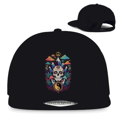 Schwarze Snapback Rapper Cap mit Stoner Old School Art Print und flachem Schirm aus Baumwoll-Twill