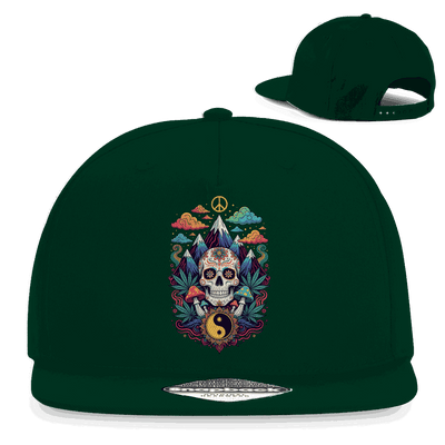Schwarze Snapback Rapper Cap mit Stoner Old School Art Print und flachem Schirm aus Baumwoll-Twill