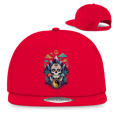 Schwarze Snapback Rapper Cap mit Stoner Old School Art Print und flachem Schirm aus Baumwoll-Twill
