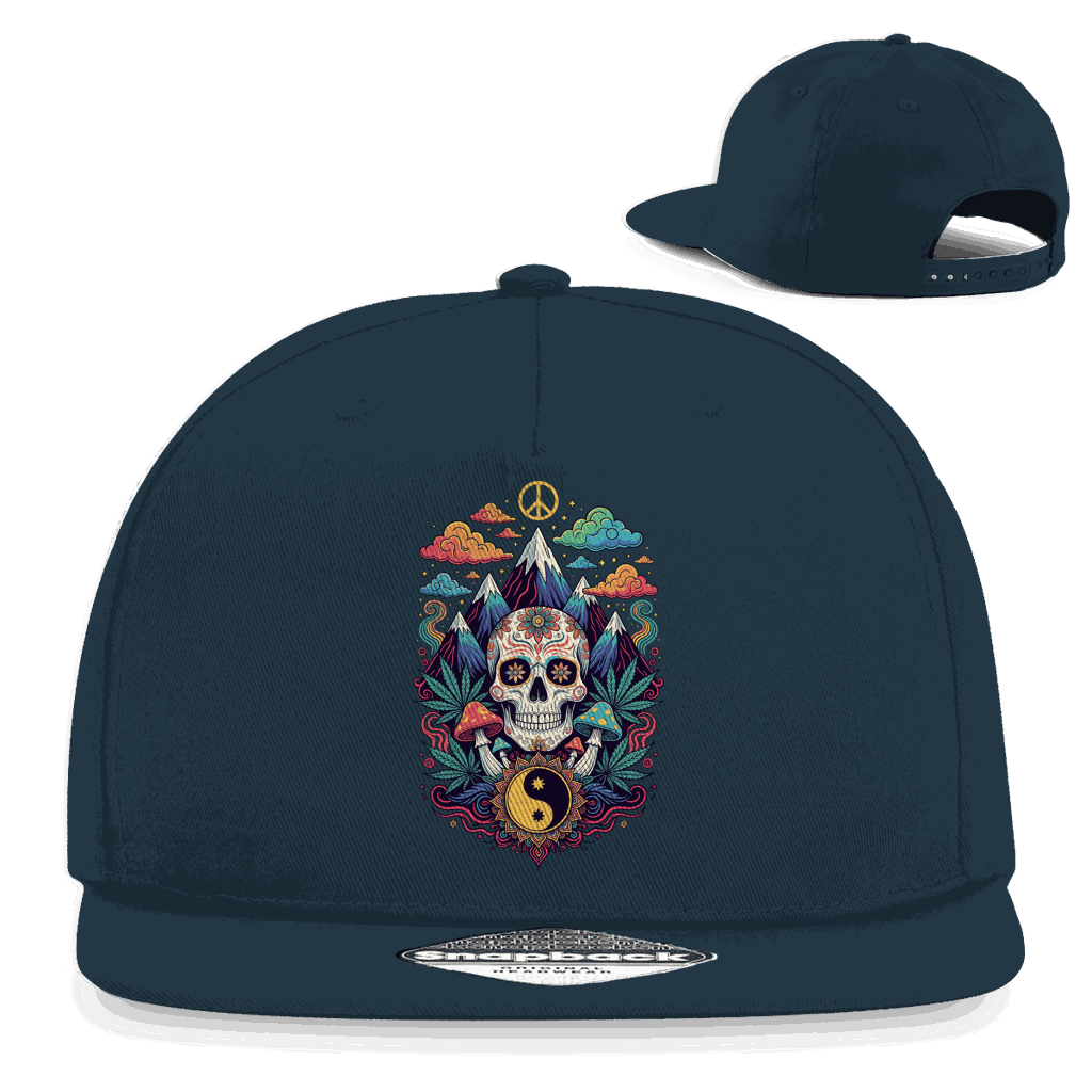 Schwarze Snapback Rapper Cap mit Stoner Old School Art Print und flachem Schirm aus Baumwoll-Twill