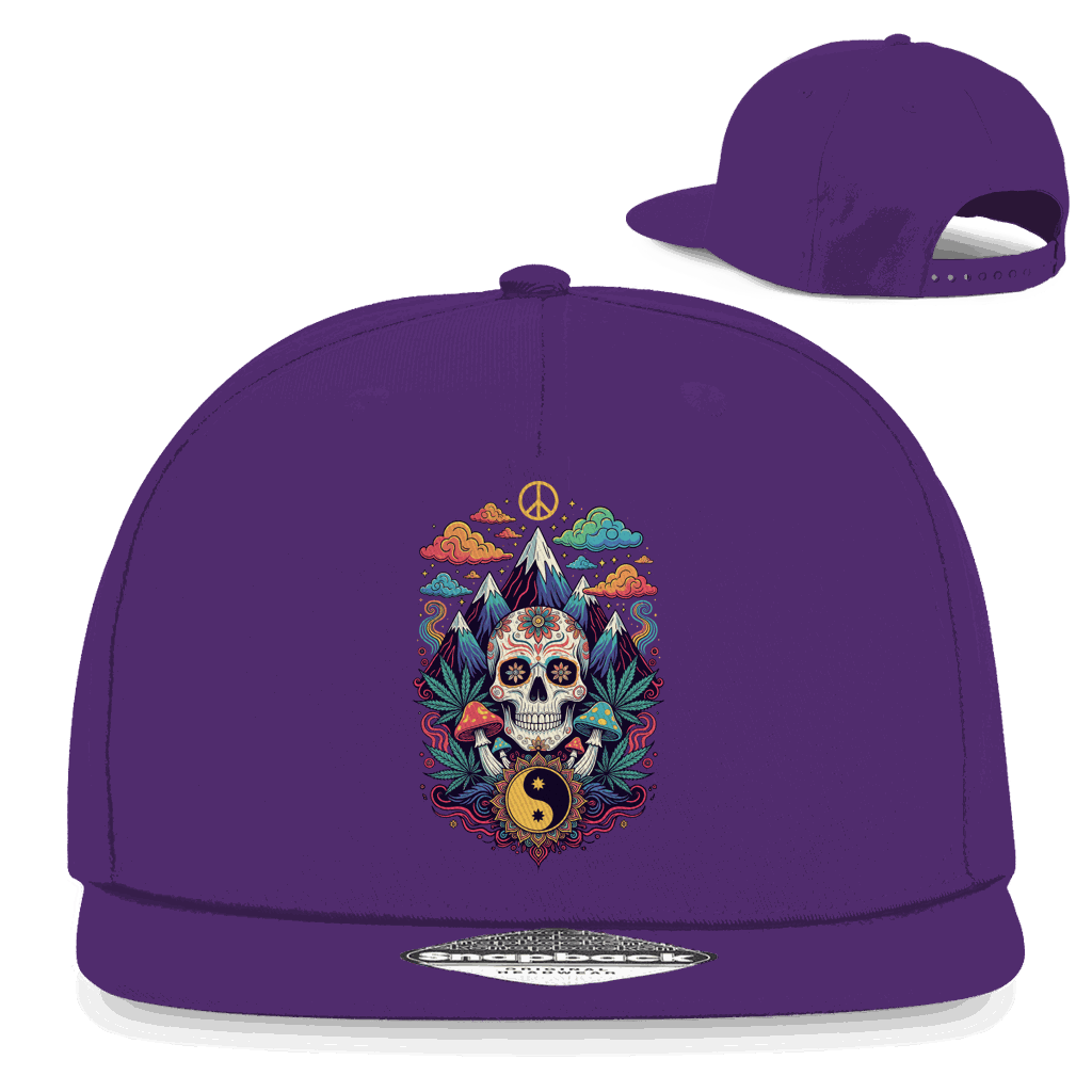 Schwarze Snapback Rapper Cap mit Stoner Old School Art Print und flachem Schirm aus Baumwoll-Twill