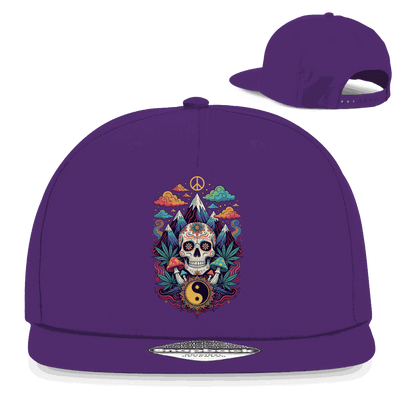 Schwarze Snapback Rapper Cap mit Stoner Old School Art Print und flachem Schirm aus Baumwoll-Twill