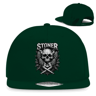 Schwarze Snapback Rapper Cap mit Stoner Skull Motiv und flachem Schirm aus Baumwoll-Twill