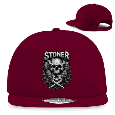 Schwarze Snapback Rapper Cap mit Stoner Skull Motiv und flachem Schirm von Division420