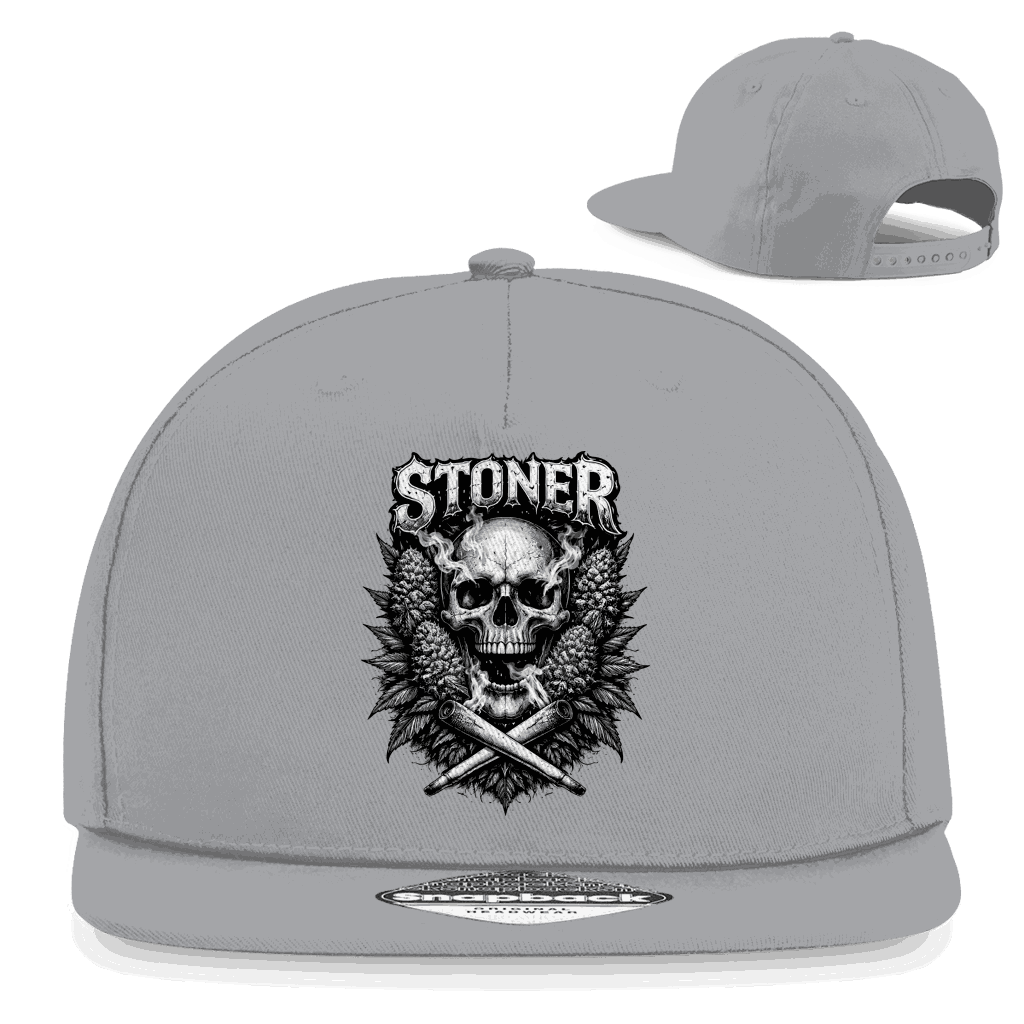 Snapback Rapper Cap mit Stoner Skull Motiv in 5-Panel Design aus Baumwoll-Twill, flachem Schirm und Snapback-Verschluss von Division420
