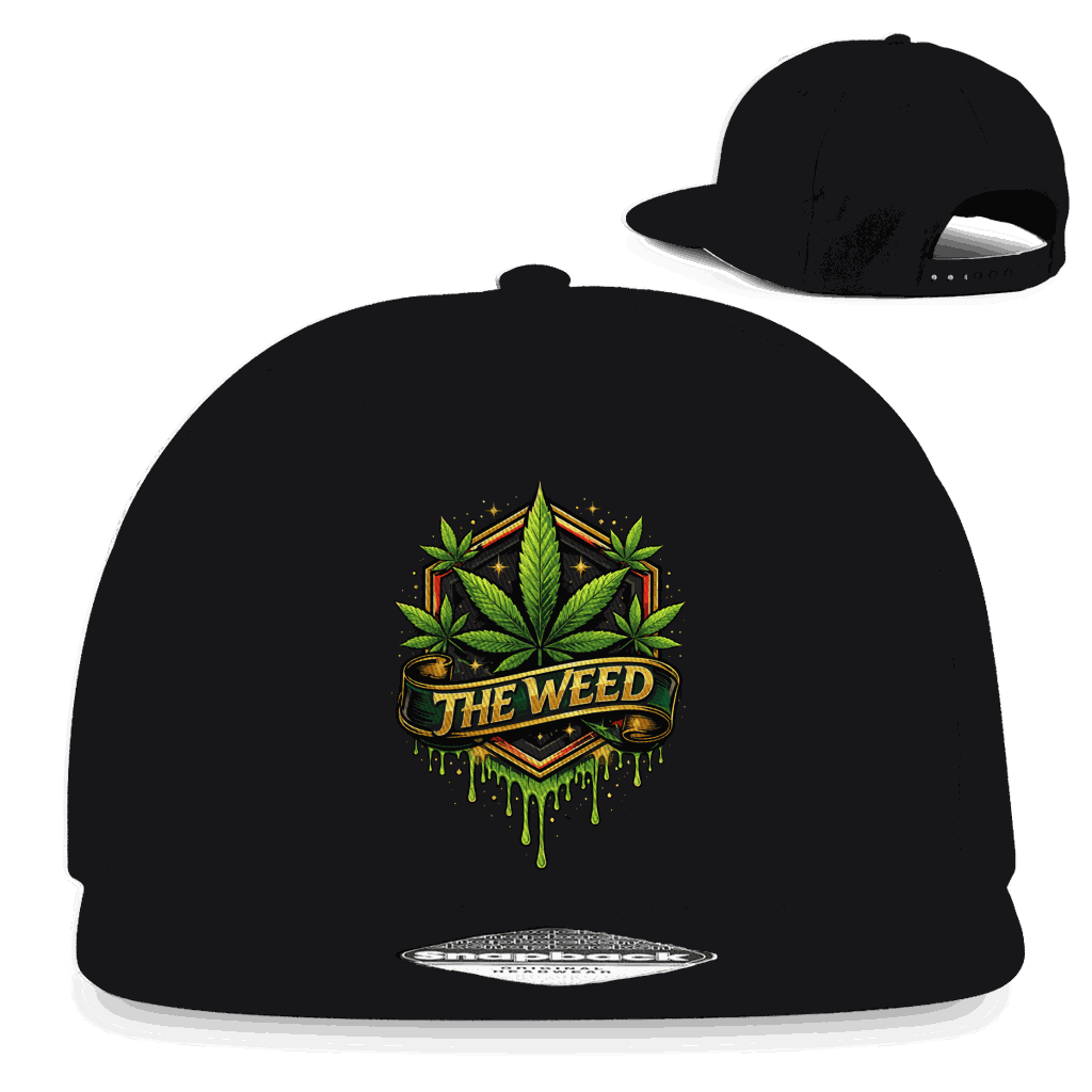 Schwarze Snapback Cap mit Weed-Design von Division420 aus Baumwoll-Twill, flachem Schirm und Retro-Snapbackverschluss