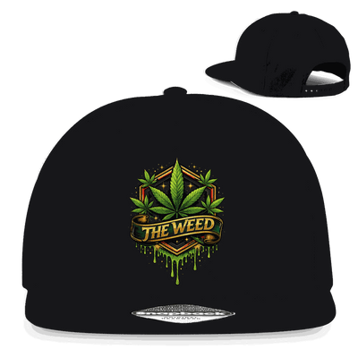 Schwarze Snapback Cap mit Weed-Design von Division420 aus Baumwoll-Twill, flachem Schirm und Retro-Snapbackverschluss