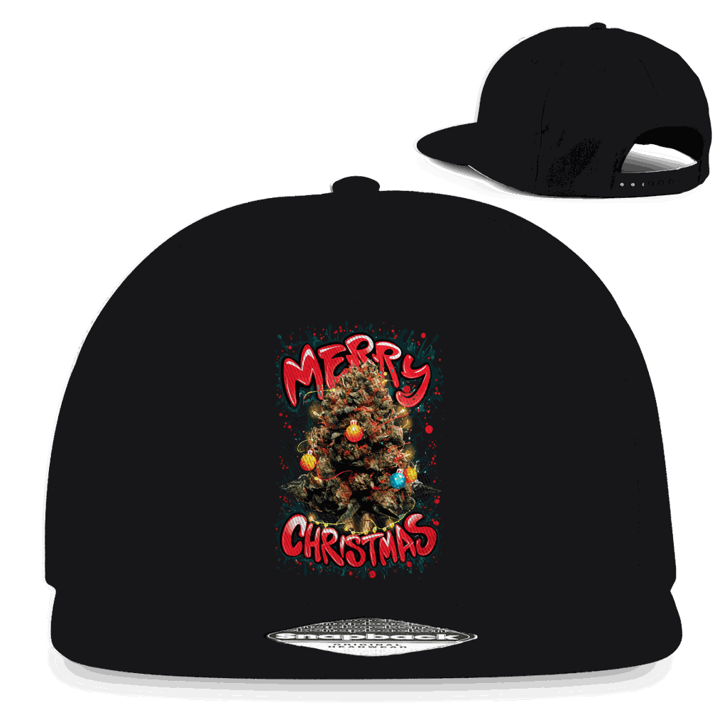 Schwarze Snapback Cap mit Weihnachtsbaum-Motiv von Division420 und flachem Schirm