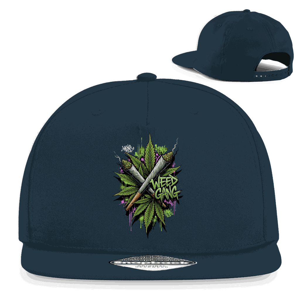 Schwarze Snapback Cap mit Weed Gang Logo und flachem Schirm aus Baumwoll-Twill, urbaner Streetwear Stil