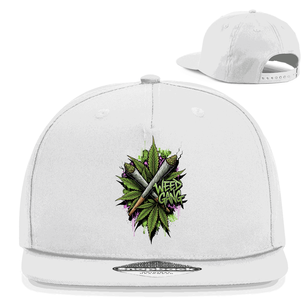 Schwarze Snapback Cap Weed Gang aus Baumwoll-Twill mit flachem Schirm und Retro-Snapbackverschluss
