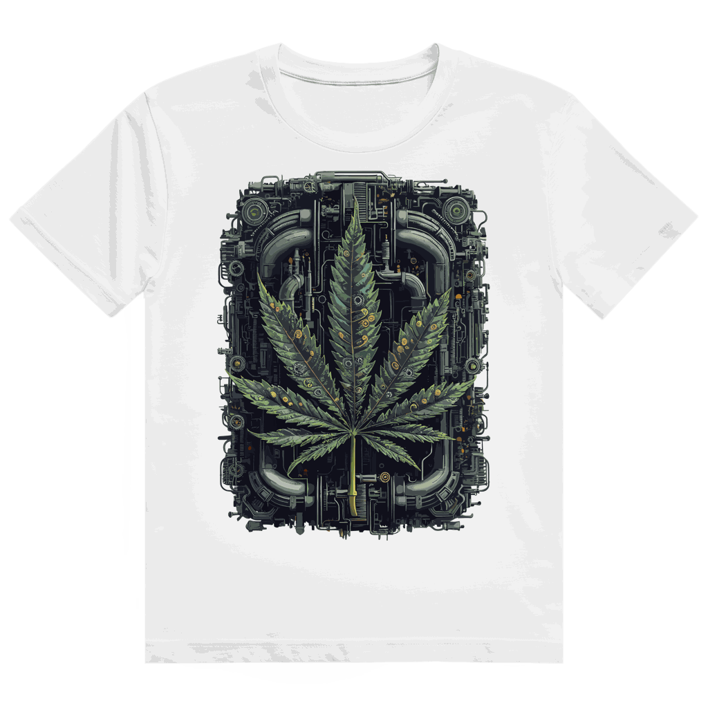Schwarzes Heavy Cotton T-Shirt mit Weed Leaf Cyber Art Print von Division420, nachhaltige Baumwolle, unisex und komfortabel