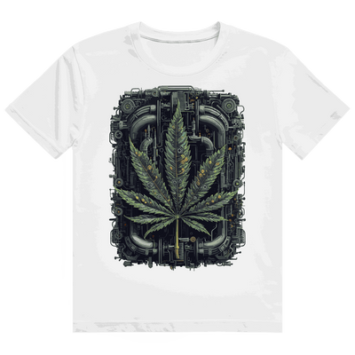Schwarzes Heavy Cotton T-Shirt mit Weed Leaf Cyber Art Print von Division420, nachhaltige Baumwolle, unisex und komfortabel