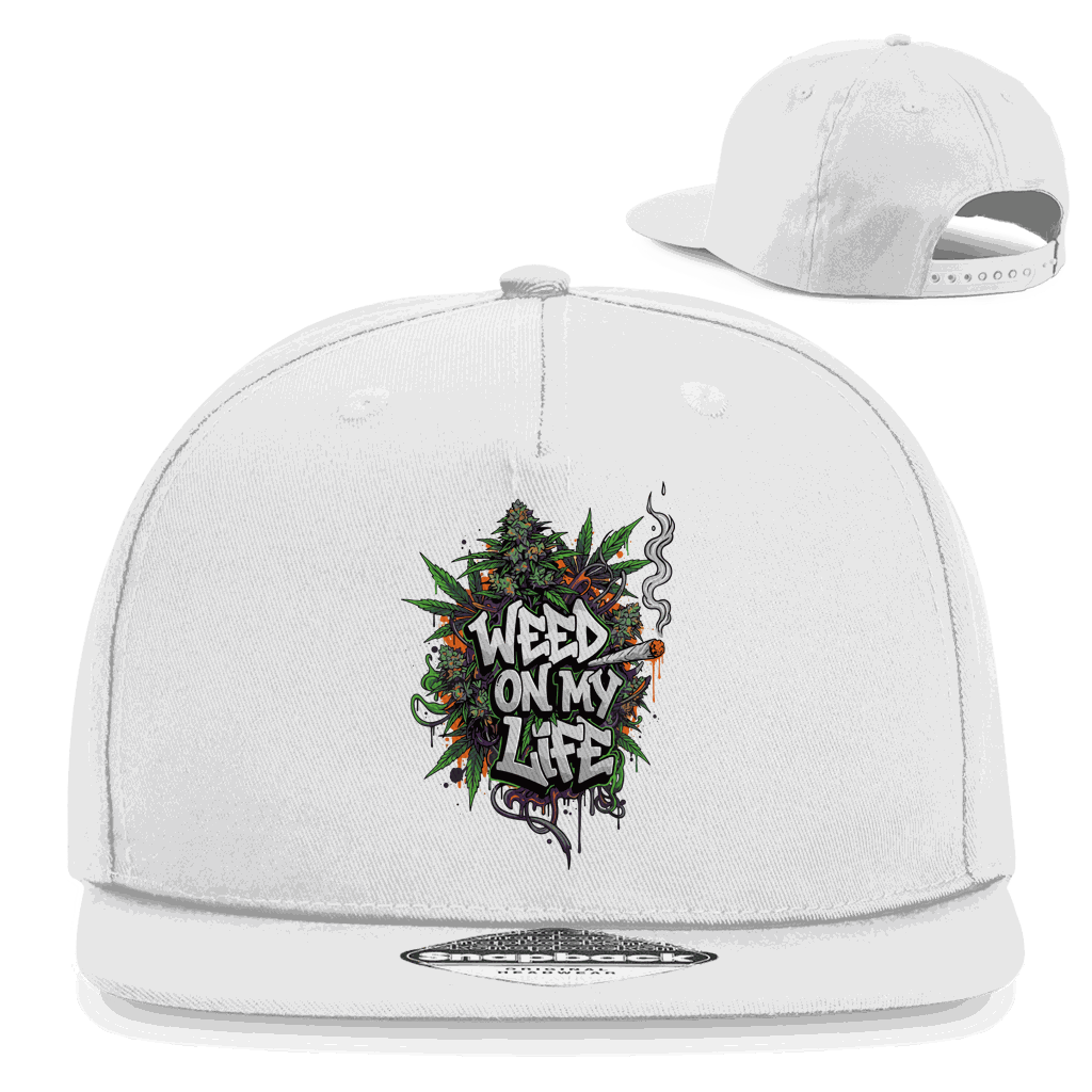 Snapback Cap Division420 mit Weed on my Life Schriftzug, klassische 5-Panel Rapper Cap aus Baumwoll-Twill, flacher Schirm, atmungsaktive Luftlöcher, urbaner Streetwear Style