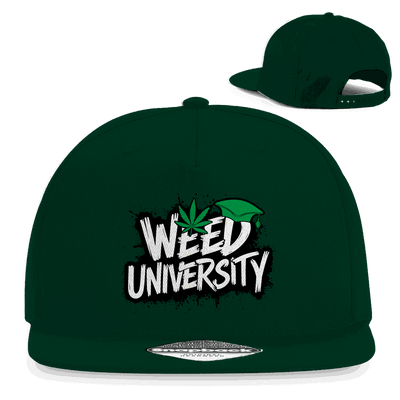 Schwarze Snapback Rapper Cap mit flachem Schirm und Weed University Stickerei, urbaner Streetwear-Style