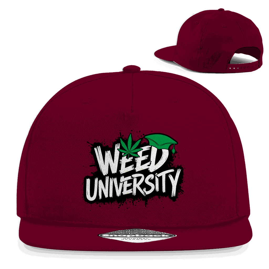 Division420 Snapback Rapper Cap mit Weed University Design aus Baumwoll-Twill, flachem Schirm und Retro-Snapbackverschluss