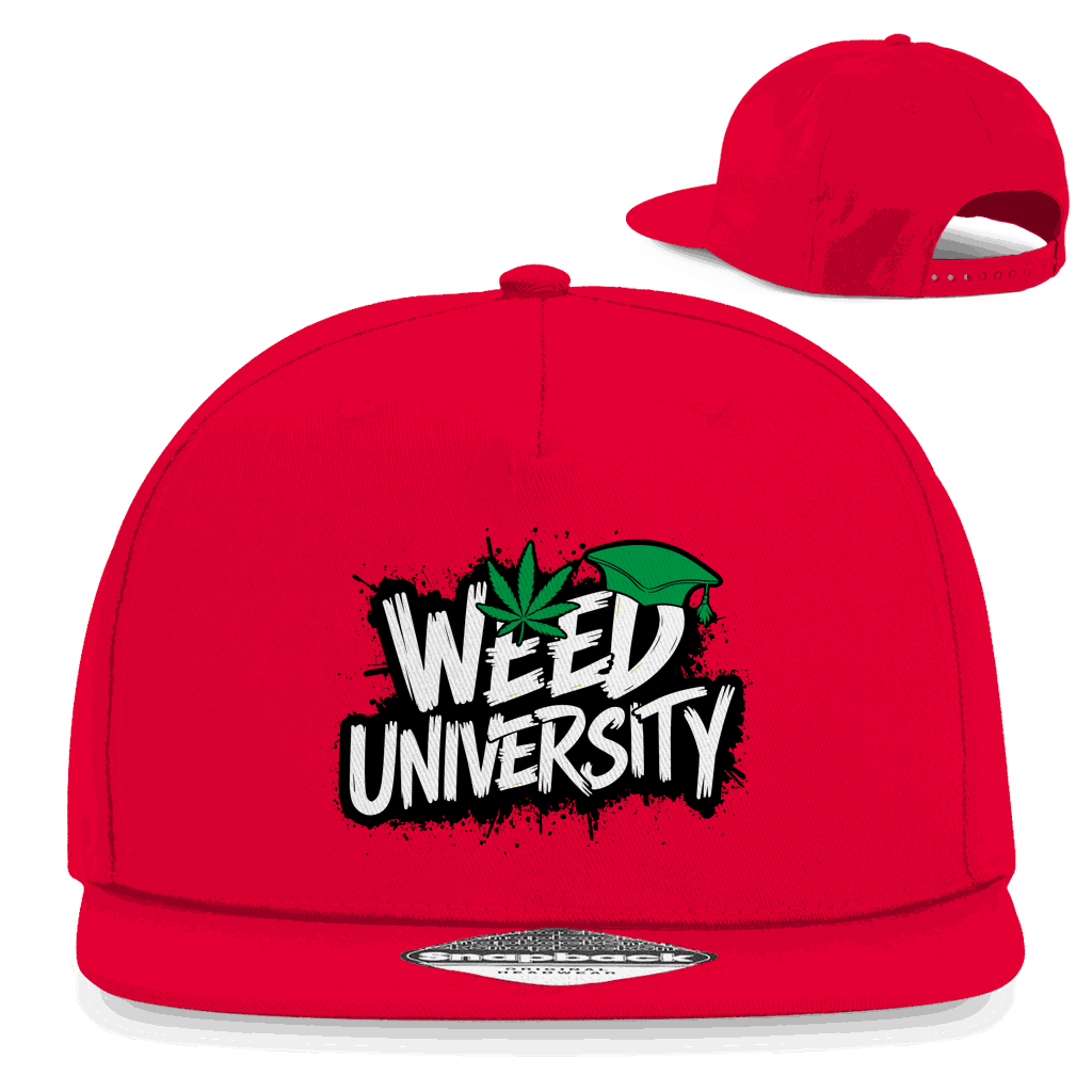 Snapback Rapper Cap in schwarz mit flachem Schirm und Division420 Weed University Logo