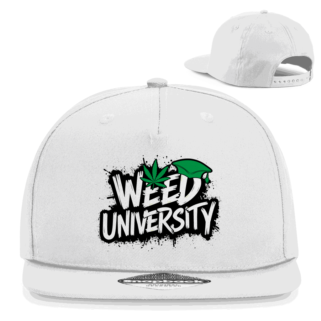 Schwarze Snapback Rapper Cap mit Weed University Aufdruck und flachem Schirm aus Baumwoll-Twill