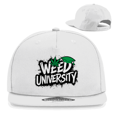 Schwarze Snapback Rapper Cap mit Weed University Aufdruck und flachem Schirm aus Baumwoll-Twill