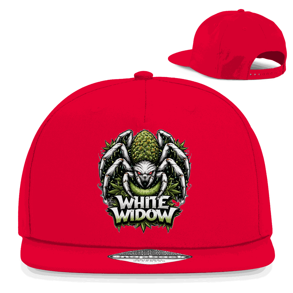 Weiße Snapback Cap White Widow von Division420 aus 100% Baumwolle mit flachem Schirm und Retro-Snapbackverschluss